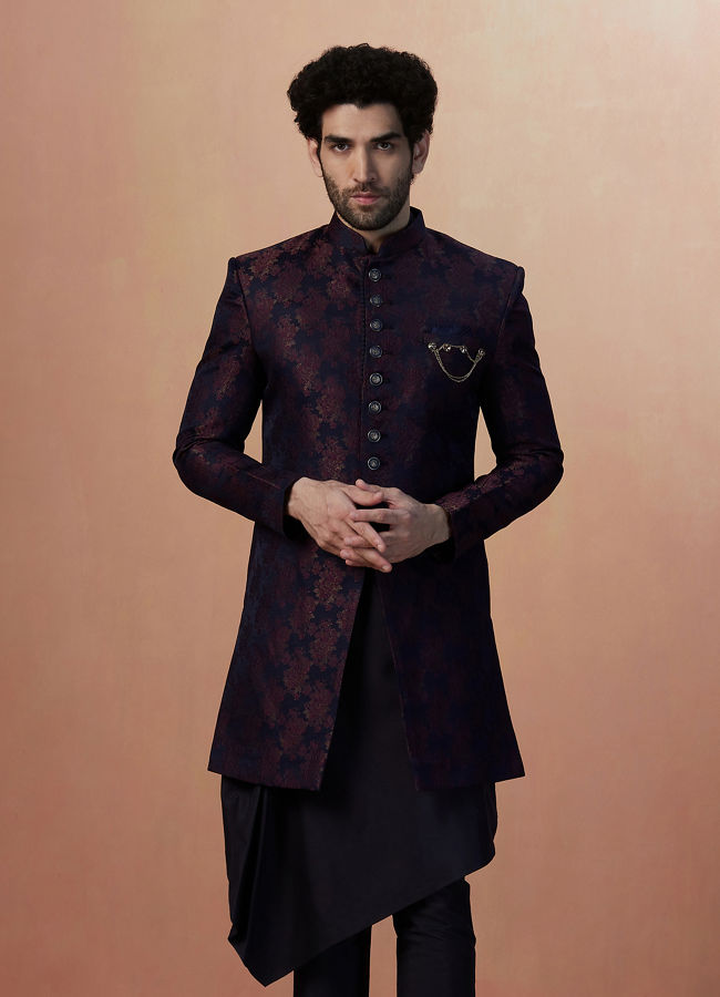 alt message - Manyavar Men Dark Blue And Maroon Self Design Draped Indo Western image number 1